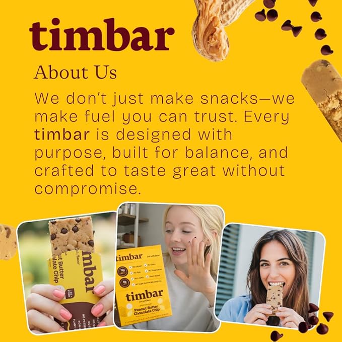 timbar Plant-Based Protein Bars, Peanut Butter Chocolate Chip | 15g Plant Protein, 8g Prebiotic Fiber | Gluten & Dairy Free, Non-GMO, No Sugar Alcohols (Pack of 12)