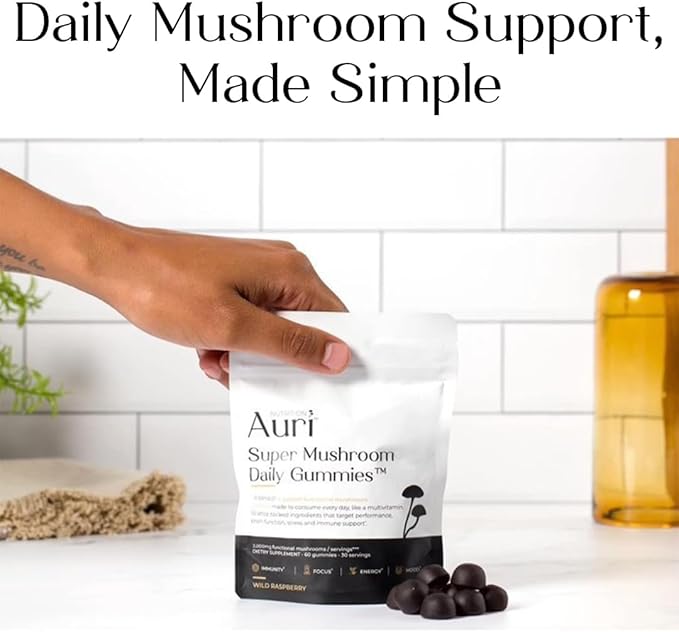 Auri Super Mushroom Daily Gummies – All-in-One Functional Gummy with 12 Mushroom Blend Including Lion’s Mane, Reishi, Chaga & Cordyceps – 60 Gummies