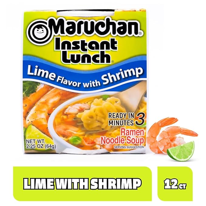 Maruchan Instant Lunch Ramen Noodles, Lime Flavor with Shrimp – Japanese-Style Instant Noodle Soup, Quick & Easy Meal – 2.25 Oz Cup, Pack of 12