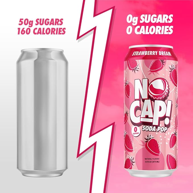 No Cap! Healthy Soda Alternative, Natural Allulose, Zero Sugar, Zero Calorie, Caffeine Free, | Hydrating Electolytes, Natural Flavors 16 oz. (Strawberry Drean)
