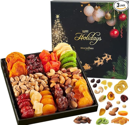 3-Pack Christmas Dried Fruit & Nuts Gift Basket Arrangement Platter, Gourmet Food Snack Box, Healthy Kosher (Style 1)