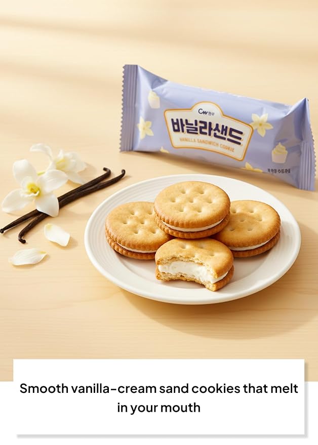 Korean Food CW Vanilla Sandwich Cookies, Sweet Vanilla Cream Biscuits, 1+1 Family Pack (6 Packs x 2, 12 Packs Total, 360g / 12.7 oz Total), Crispy Korean Snack