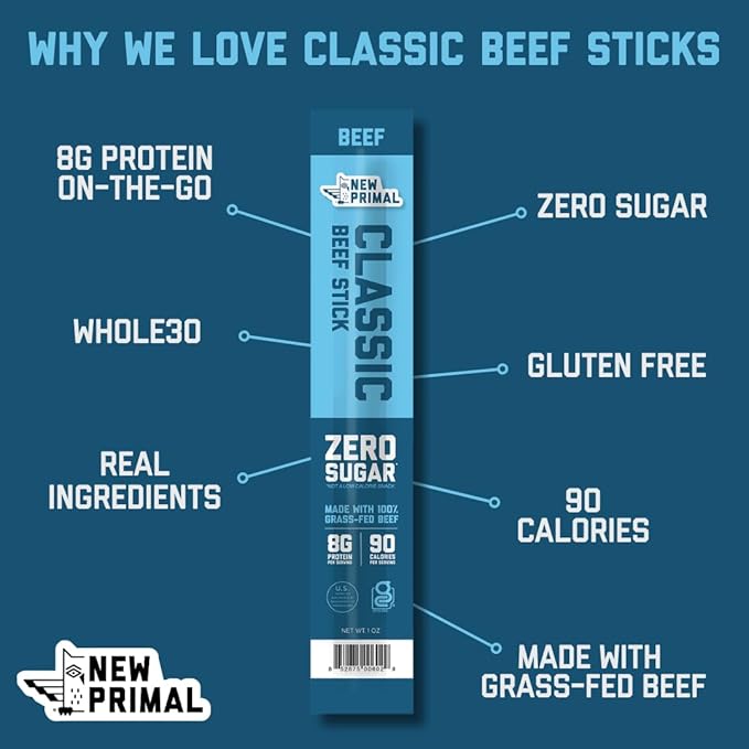 The New Primal Grass Fed Beef Sticks, Keto, Gluten Free Healthy Snacks for Adults, Sugar Free Low Carb High Protein Snack, Paleo Whole30 Jerky Meat Stick, 8g Protein, 90 Calories, 5 Pack