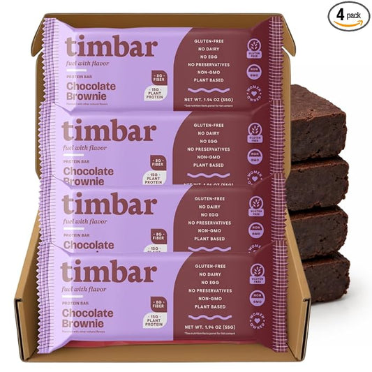 timbar Plant-Based Protein Bars, Chocolate Brownie | 14g Plant Protein, 8g Prebiotic Fiber | Gluten, Dairy & Egg Free, Non-GMO, No Sugar Alcohols (4 Pack)