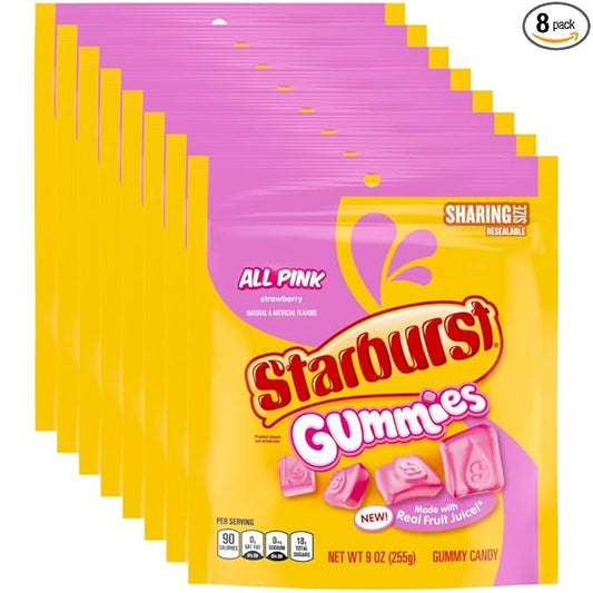 STARBURST Gummies All Pink Gummy Candy Strawberry Flavored Chewy Snacks Bulk, Sharing Size, 9 oz Candy Bags (Pack of 8) for Pink Buffets, Party Favors, and More
