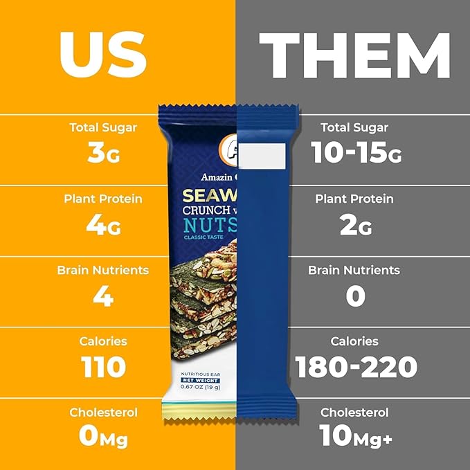 Seaweed Crunch with Nuts Classic Taste– Amazin Choices Vegan Snack Bars with Cashews, Almonds & Pumpkin Seeds – Premium Asian Chips – Seaweed Sheets – Sandwich Seaweed – Variety Pack (Pack of 15)