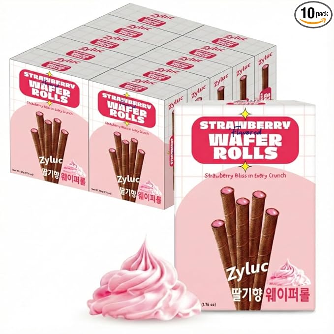 Zyluc Strawberry Wafer Rolls – Crispy Cream-Filled Cookies, Sweet Strawberry-Flavored Snack, 200 Calorie Portion Pack, No Cholesterol, Zero Trans Fat, Premium Treat, 50g x 10 Boxes