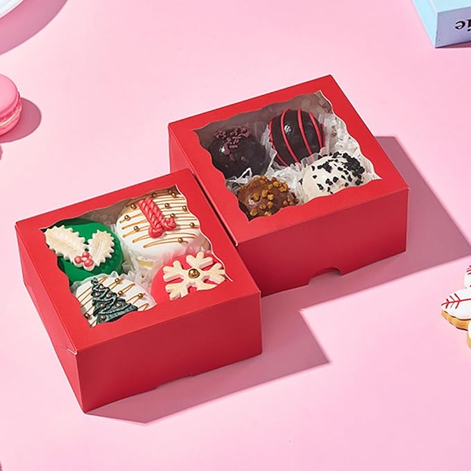 JCXGRVC 100PCS 4x4x2 inches Classic Red Bakery Boxes with Window - Macaron Cookie Chocolate Truffle Strawberry & Mini Cake Gift Boxes for Parties Valentine's Birthdays Wedding Christmas Favors