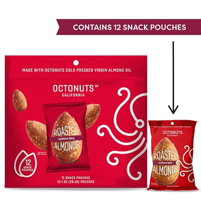 Octonuts Korean BBQ Almonds – 12 Individually Wrapped Snack Packs (1oz Each), Healthy Snacks for Adults and Kids, Non-GMO, Keto and Gluten-Free, Roasted in Cold Pressed Olive Oil