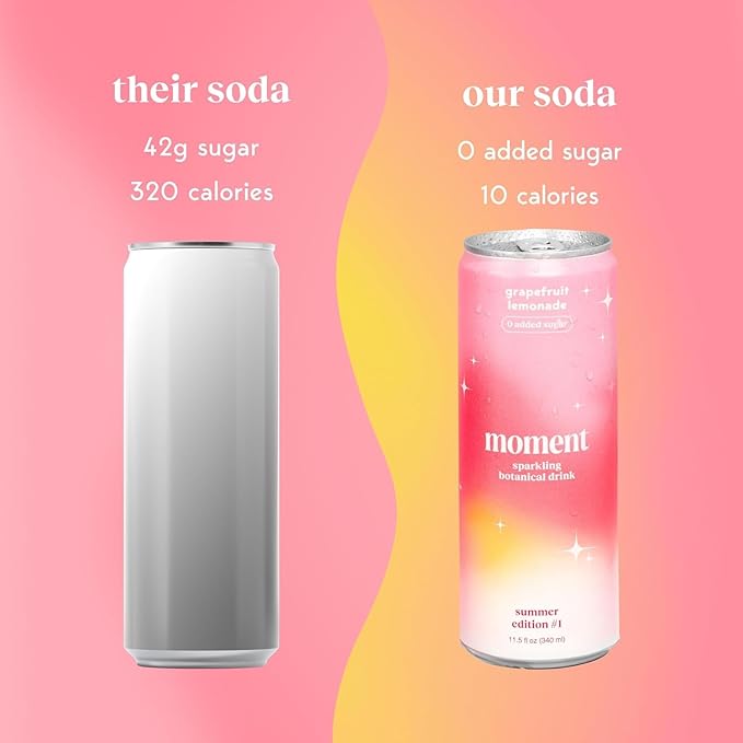 Moment Botanical Soda Soft Drink (Shark Tank) - SPARKLING Non Alcoholic Drinks | L-Theanine & Ashwagandha for Calm & Clarity | 0 Added Sugar 0 Caffeine | Grapefruit Lemonade |12-pack