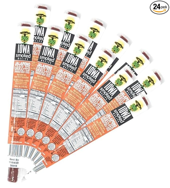 Jalapeño - Iowa Smoked Recipe, Sogo Snacks, Sugar Free Beef Jerky, Non-GMO Grass Fed Beef Sticks. No Nitrates, Gluten, Soy, MSG, Dairy, or Nuts. Paleo, Whole30, & Keto Snack (Jalapeno-ISR, 24 Cnt)