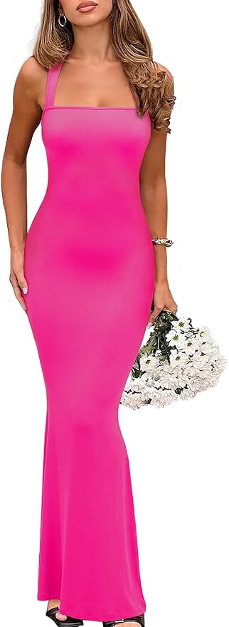 REORIA Sexy Square Neck Sleeveless Elegant Ribbded Long Maxi Dress Wedding Guest Dresses for Women 2026 Summer