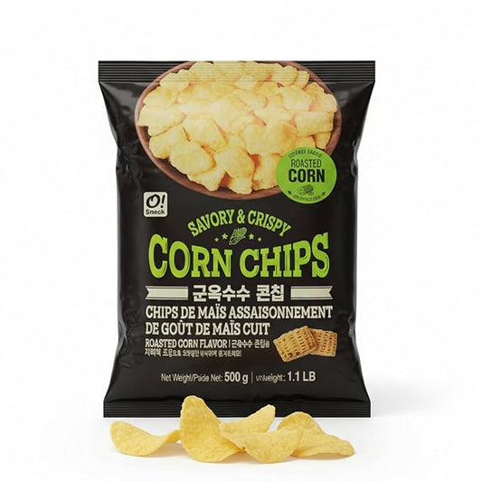 Korean Food O!Snack Corn Chips Roasted Corn Flavor, Savory & Crispy Corn Snack, Large 1.1 lb Bag (500g), Party Sharing Size