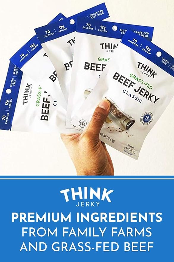 Think Jerky Classic Beef Jerky, Grass-Fed High Protein Beef, Gluten Free, No Antibiotics or Nitrates, Healthy Chef Crafted Recipe, Low Calorie and Low Fat - 1.0 oz Bags, 12 Pack