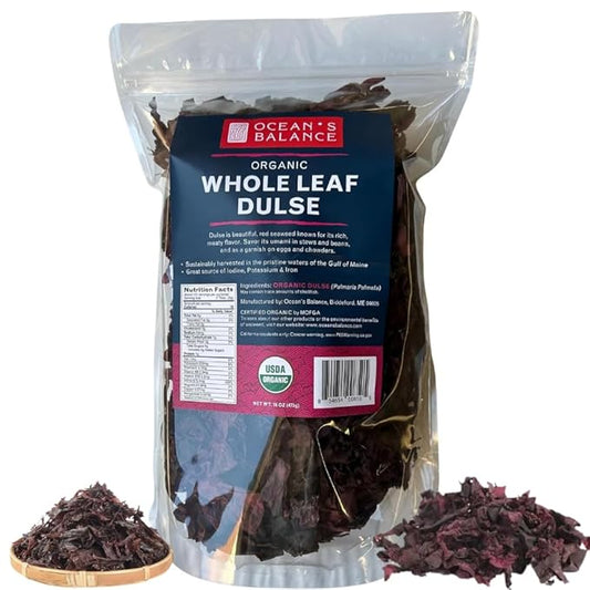Ocean’s Balance Organic Dulse Whole Leaf – Atlantic Seaweed Snack & Cooking Ingredient,Soup Topping Seaweed,Seaweed For Ramen&Salad – Iron & B12 – Vegan, Paleo, Gluten-Free – 1 lb Bag