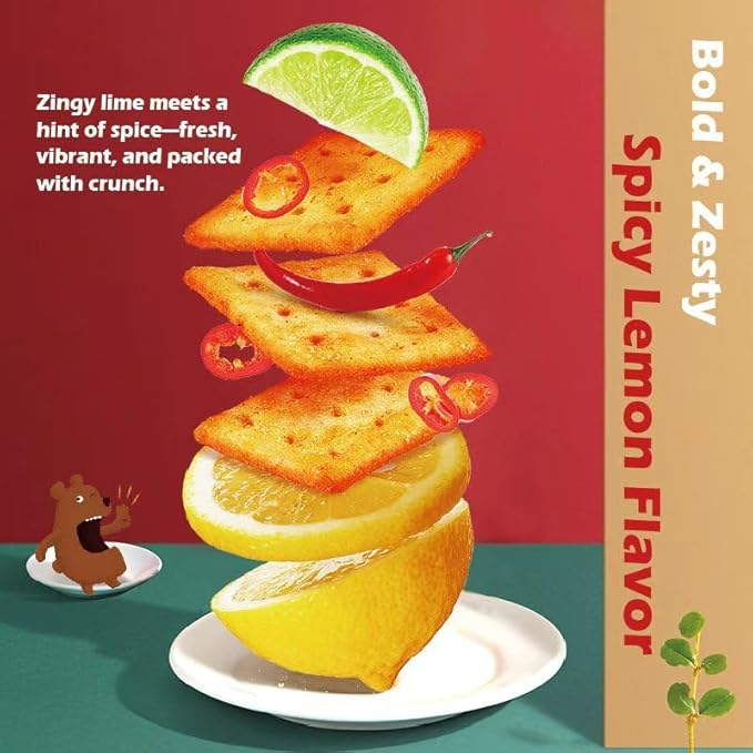 Munchy Bear Baked Savory Crackers – 3 Flavor Variety Pack (Tomato, BBQ & Spicy Lemon) 9Packs Non-Fried Crispy Crackers Halal-Certified Healthy Snack for Home, Office & On-the-Go