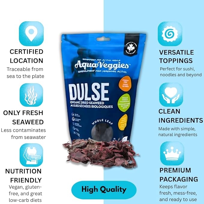 Aqua Veggies Organic Atlantic Dulse Whole Leaf – Hand-Harvested & Sun-Dried from Bay of Fundy – Rich in Iodine, B6, B12, Iron, Protein, Calcium & Magnesium – Vegan Superfood (113 Gm Pack of 1)