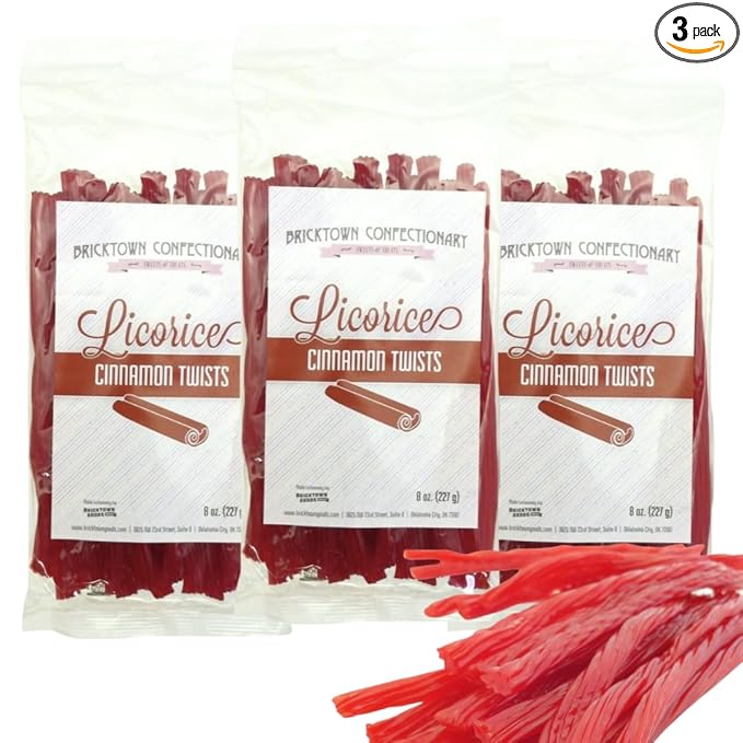 Cinnamon Licorice Twists Pack of 3 - Old Fashioned Christmas Candy, Fat-Free Chewy Licorice Candy, Fun Treat, Delicious Snack, Christmas Treats - Soft & Chewy Texture with Bold Fresh Flavor (Total 24oz)