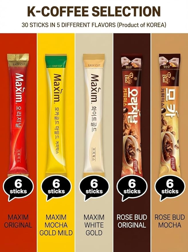Korean Instant Coffee MIx Variety 30 Sticks With 3 Handmade Dalgona candies, 6 Rice snacks! 5 Different Flavors (6 Pack of Each / Maxim Original, Mocha Gold Mild, White Gold, Rosebud Mocha, Original Coffee Mix)