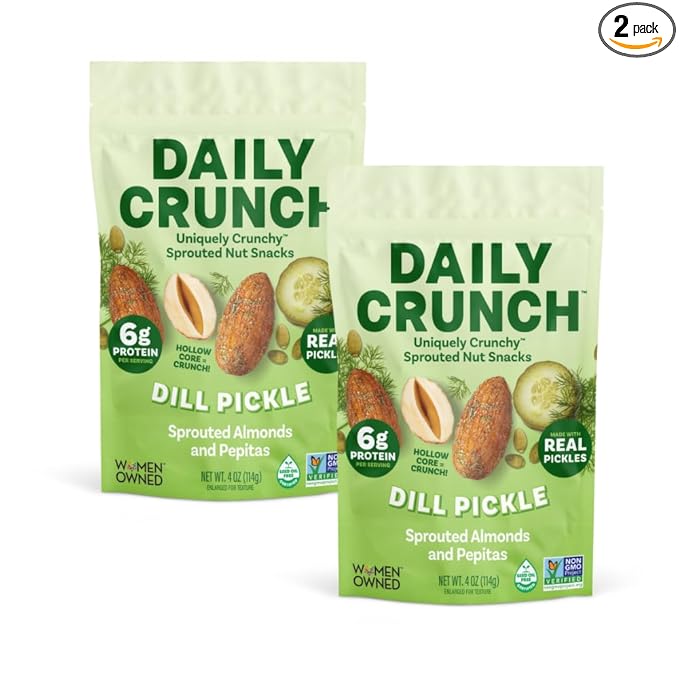 Daily Crunch Sprouted Almonds and Dehydrated nuts for a Unique Crunch, Keto Friendly, Non-GMO Zero Seed Oils, Gluten Free, 4oz (2 Pack, Dill Pickle)