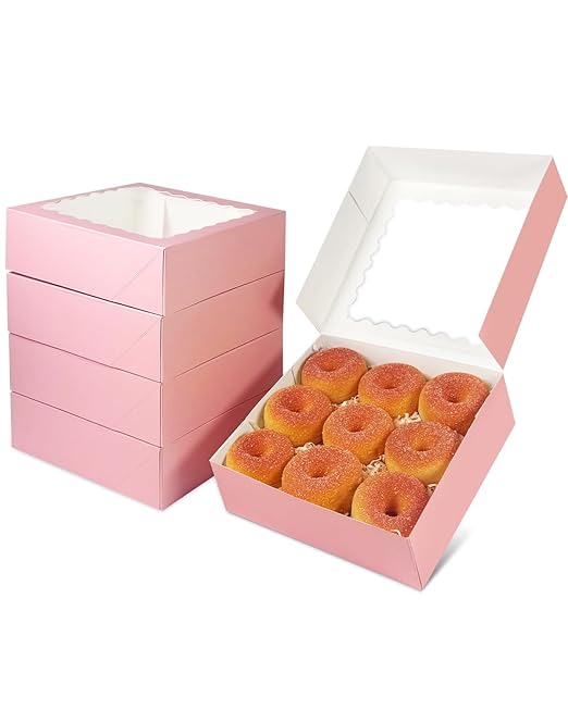 qiqee 8x8x2.5 Inch Pink Pastry Box With Window Donut Pie Boxes 12pcs Bakery Box (Auto-pop Up)