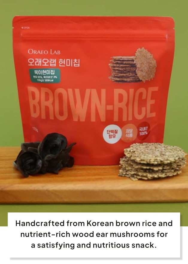 Korean Food Oraeo-Lab Brown Rice Chips with Woodear Mushroom – Vegan Pressed Snack, Not Fried | Healthy Plant-Based Crisps, 170g (6 oz) Bag