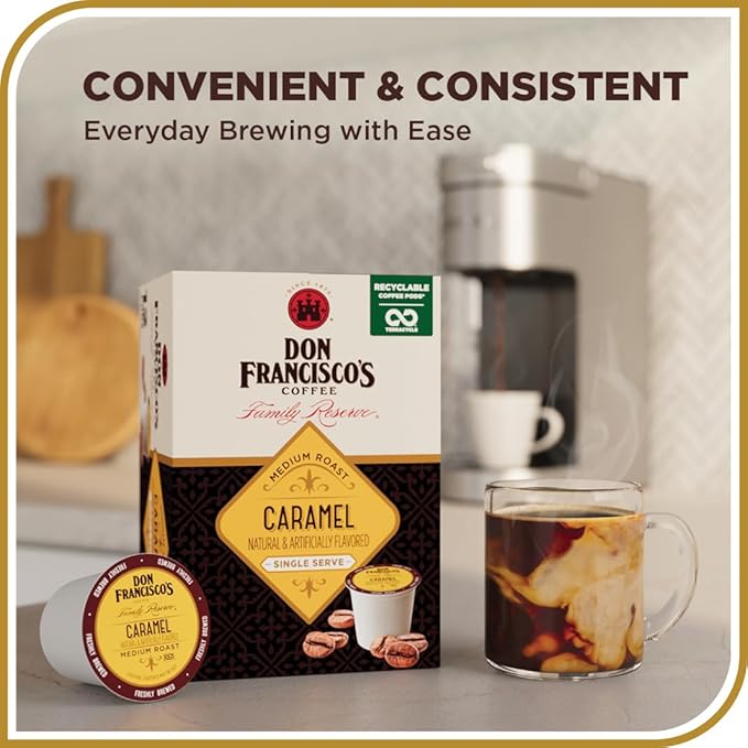 Don Francisco's Caramel Flavored Coffee Pods, 72 Count, Medium Roast, Compatible with Keurig Brewers