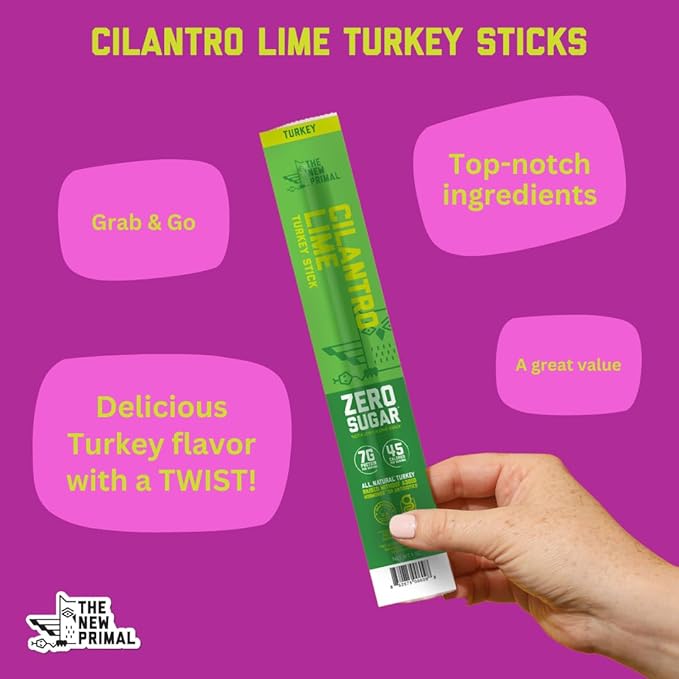 New Primal Cilantro Lime Turkey Sticks, Keto, Gluten Free Healthy Snacks for Adults, Sugar Free Low Carb High Protein, Paleo Whole30 Jerky Meat Stick, 7g Protein, 45 Calories, 1oz (Pack of 20)