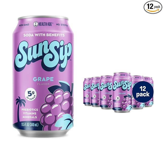 SunSip Prebiotic Soda by Health-Ade, Gut-Healthy Beverage, Soda Swap, Vitamins & Minerals, Naturally Sweetened with 6g of Sugar, Grape, 11.5 oz (12 Pack)