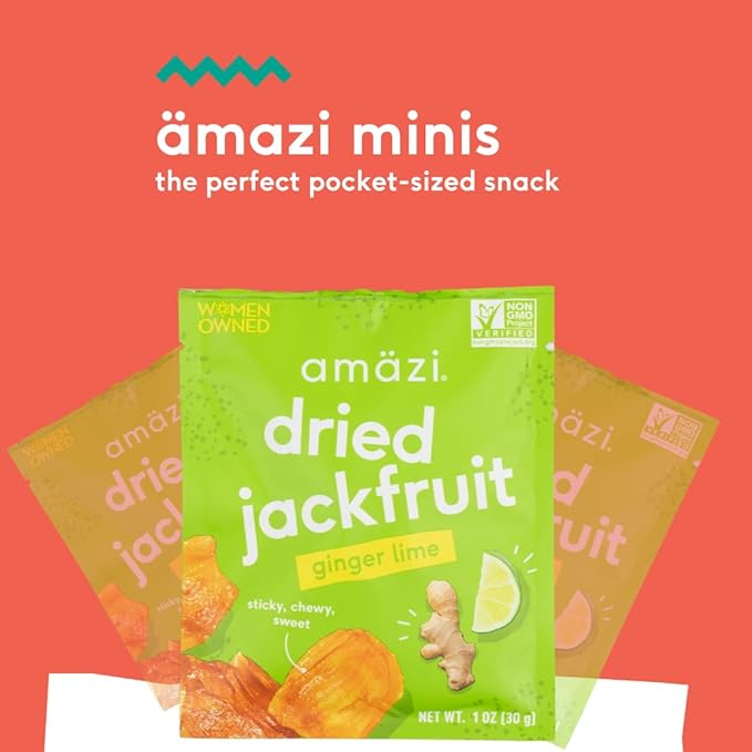 Amäzi Foods | Ginger Lime Dried Jackfruit (12 Pack) | All Natural Mini Travel Snacks | Gluten Free Healthy Dried Fruit Snacks