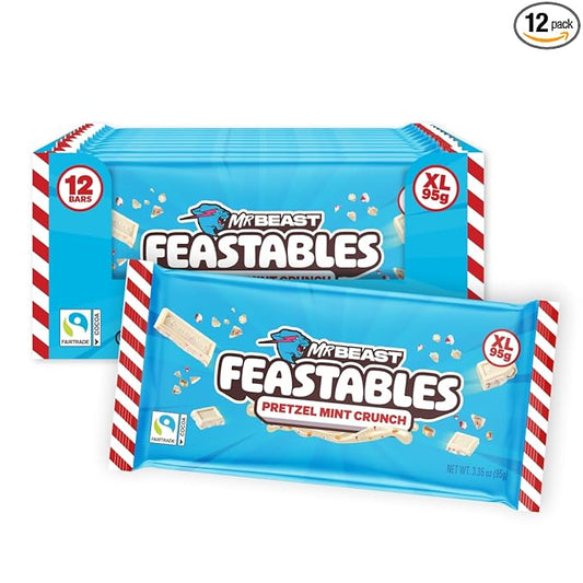 Feastables MrBeast Pretzel Mint Fudge Crunch Bar, Extra Large Size Candy Bar for Adults & Kids, Candy Bars for Snacks, Gifts, or Dessert, Made With Fairtrade Cocoa, 3.35 Oz Each, 12 Count