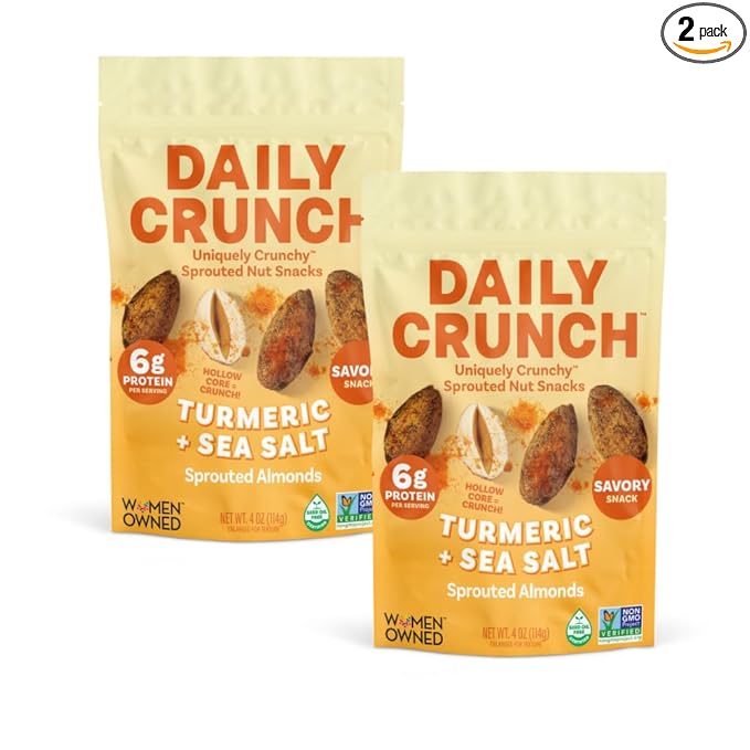 Daily Crunch Sprouted Almonds and Dehydrated nuts for a Unique Crunch, Keto Friendly, Non-GMO Zero Seed Oils, Gluten Free4oz (2 Pack, Turmeric + Sea Salt)