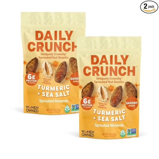 Daily Crunch Sprouted Almonds and Dehydrated nuts for a Unique Crunch, Keto Friendly, Non-GMO Zero Seed Oils, Gluten Free4oz (2 Pack, Turmeric + Sea Salt)