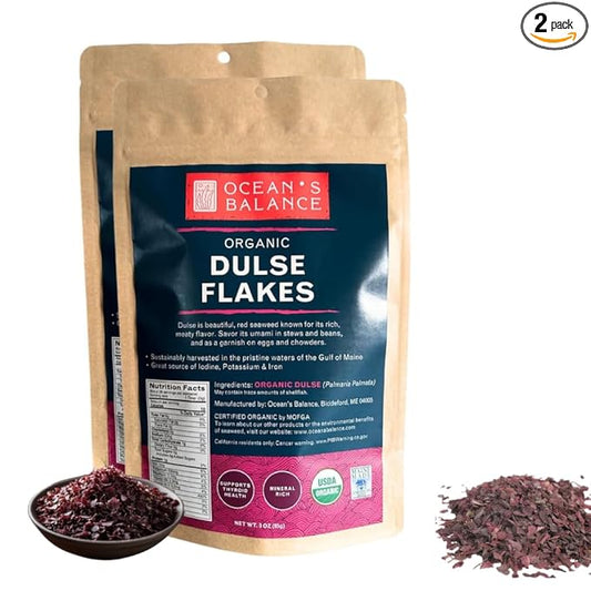 Organic Dulse Flakes – Wild-Harvested Atlantic Seaweed from Maine – Sea Vegetable for Soup, Ramen, Salad & Snacks – Vegan, Gluten-Free, Rich in Iodine & B12 – Ocean’s Balance (3oz, 2-Pack)