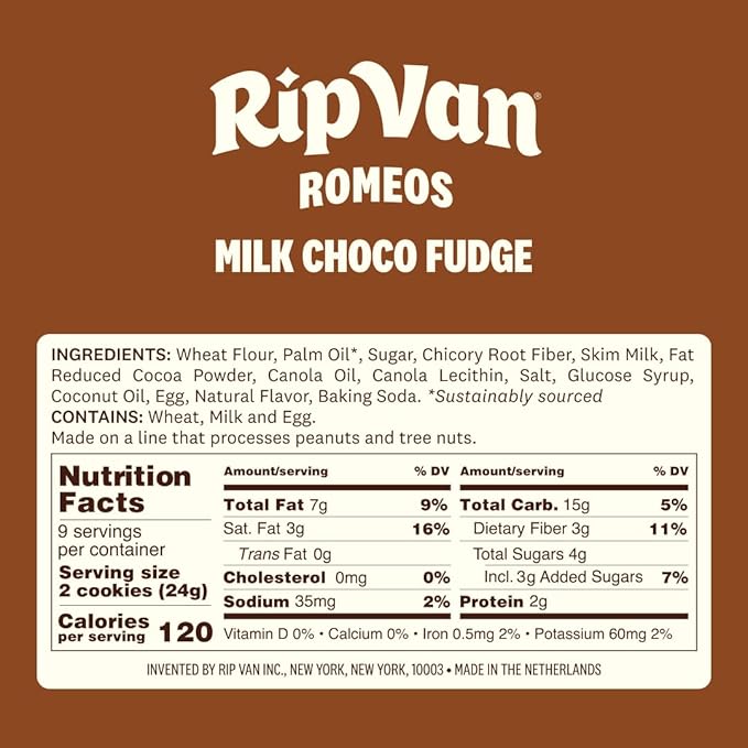 Rip Van Romeos Milk Choco Fudge Cookies - Low Sugar Cookies - Healthy Keto Snack - Individual 2 Packs (18 Count)