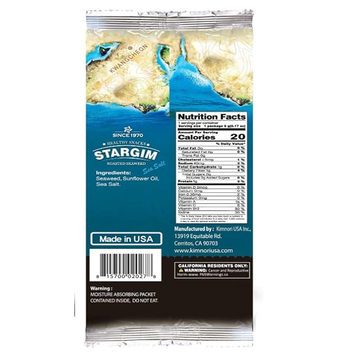 STARGIM Seasoned Seaweed Snacks Sheets – 6 Individual Packs Roasted Gim, Fat Gluten Free Sea Salt, 100% Natural Laver 5g 0.17 Ounce