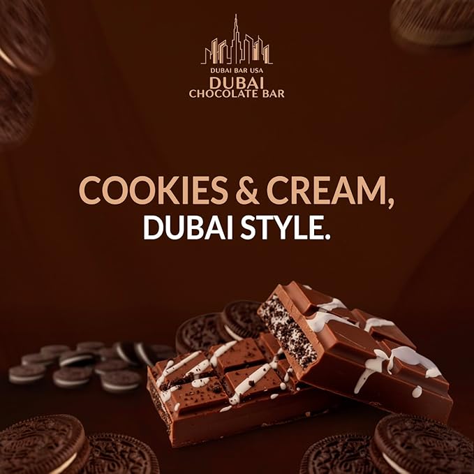 Dubai Chocolate Bar Cookies & Cream – 2.47oz Premium Chocolate with Cookies & Cream Filling and Crispy Kataifi – Dubai Knafeh Dessert Inspired – Made in USA (6 Pack)