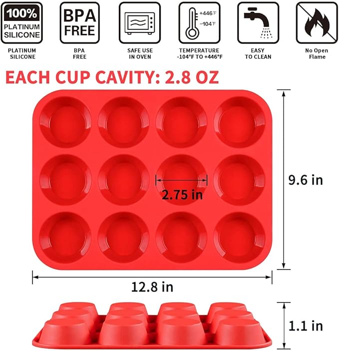 CAKETIME 12 Cups Silicone Muffin Pans for Baking - Regular Size Cupcake Pan Muffin Tin for Baking Nonstick Food Grade Silicone Molds