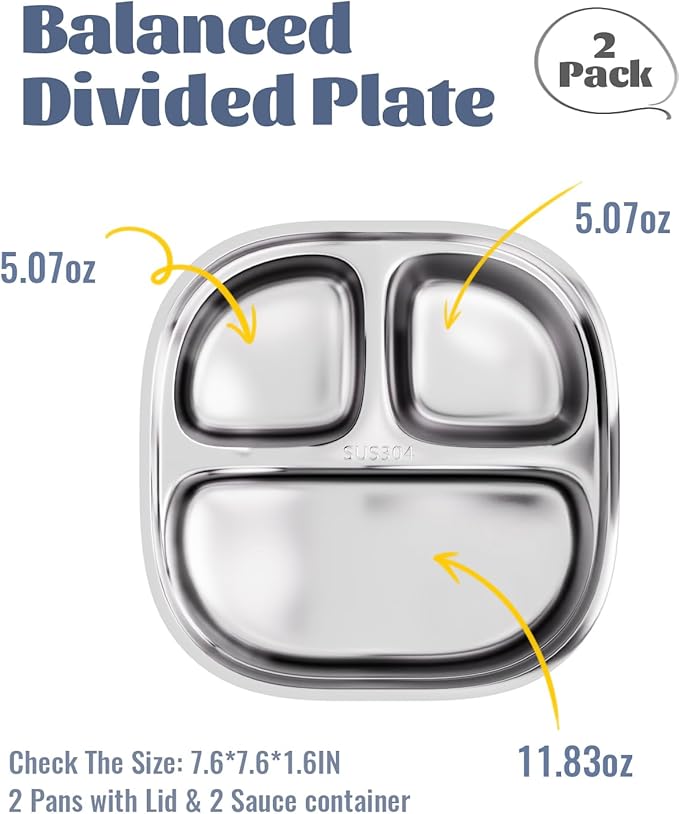 Stainless Steel Divided Plate for Kids Toddler, Non Toxic Portion Control Plate Dinner Plate with Lid for Adults Weight Loss, 2 Pack 3 Sections Square Snack Plate Tray