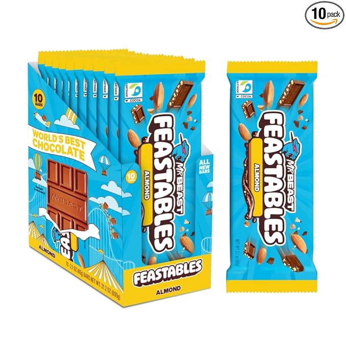 Feastables Almond Milk Chocolate KING Size Chocolate Bar, 2.1oz (60g), 10 count