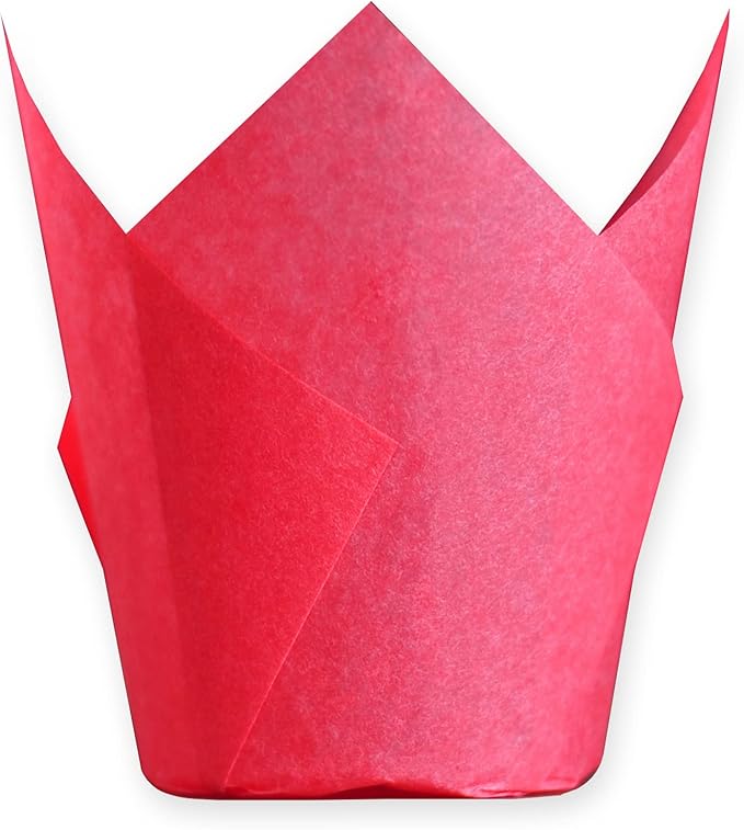 MyBakning Red colour Large size Tulip Baking Cups 2-1/4"(Base diameter) x 4"(Wall height) Greaseproof paper baking cupcake Muffin liners, Case of 130 pcs