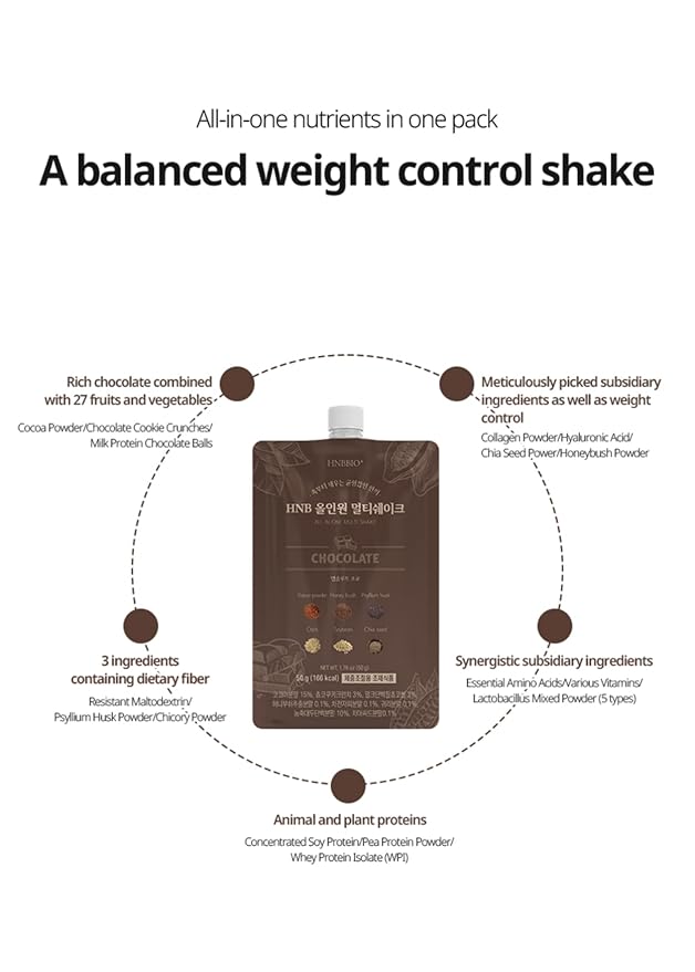 Korean Food All-In-One Multi Shake Chocolate(50g*7 Packs) Dietary Fiber, Essential Amino Acids, Vitamins, 7-Day Convenient Individual Packs (12.35 oz)