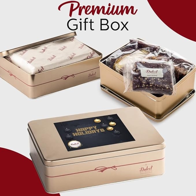 Holiday Gift Baskets - 18 Individually Wrapped Brownies Freshly Baked in a Variety of Flavors - Dulcet's Signature Flavored Fudge Brownies Christmas Gift Baskets for Families - Gift Box Comes with Season Greetings Card