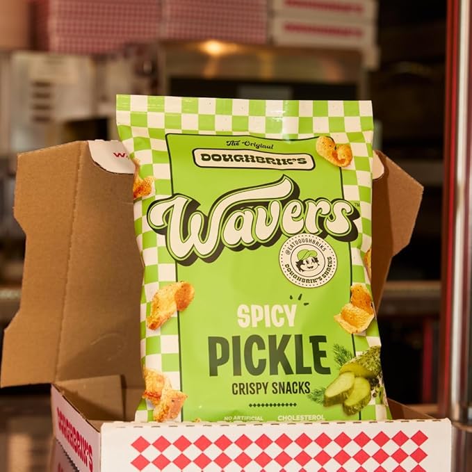 WAVERS by Doughbrik's Snacks, Spicy Pickle Flavor 4.5 oz Bags, Crispy Crunchy Texture Perfect Anytime Snack Made in the USA (6-Pack)