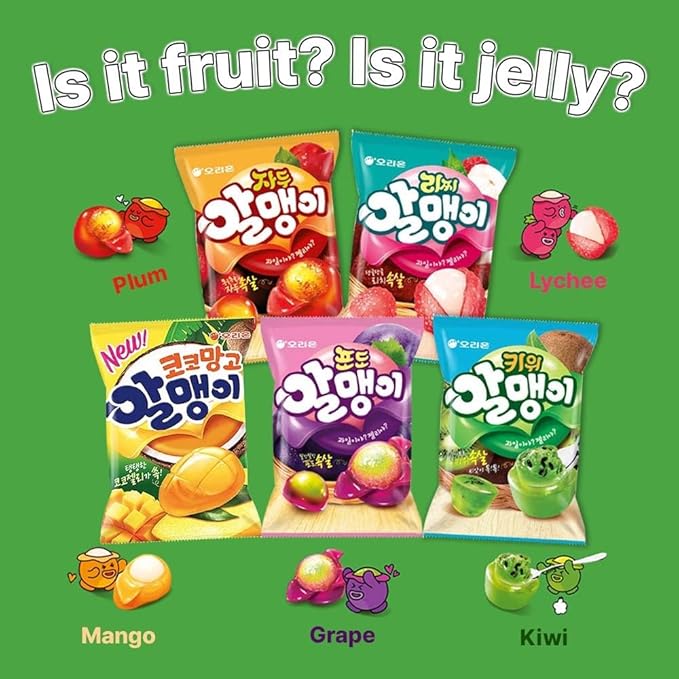Korean Fruit Jelly Candy – Assorted Chewy Gummy Snacks – 5 Fruity Flavors (Grape, Plum, Lychee, Kiwi, Mango) – Individually Wrapped – Perfect for Kids & Adults (5 Flavor Mix–1.26oz(36g) × 5pack)