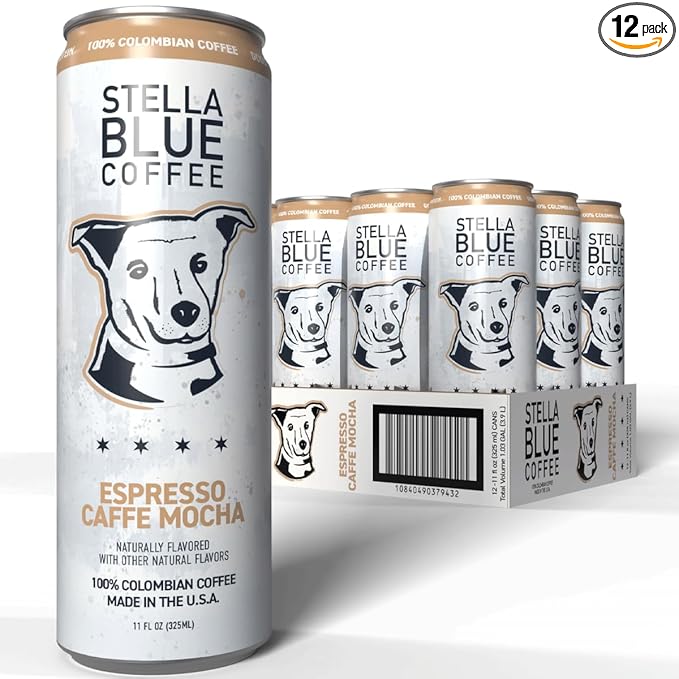 Stella Blue Espresso Caffe Mocha Cans, Ready-to-Drink Coffee Energy Beverage, 100% Colombian Coffee, 190mg Natural Caffeine, Gluten Free & Good Source of Protein, 11oz Can, 12 Pack