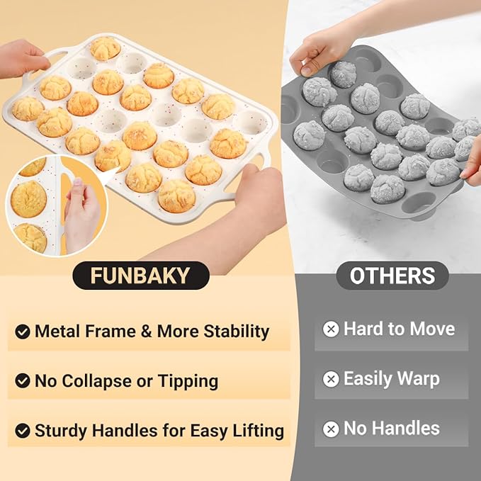FUNBAKY Silicone Mini Muffin Pan, Metal Reinforced Frame 24 Cups Nonstick Mini Cupcake Pans with Handles Easy to Move for Baking Muffin, Cupcake, Egg Bites Oven Safe, 2 Pack Confetti