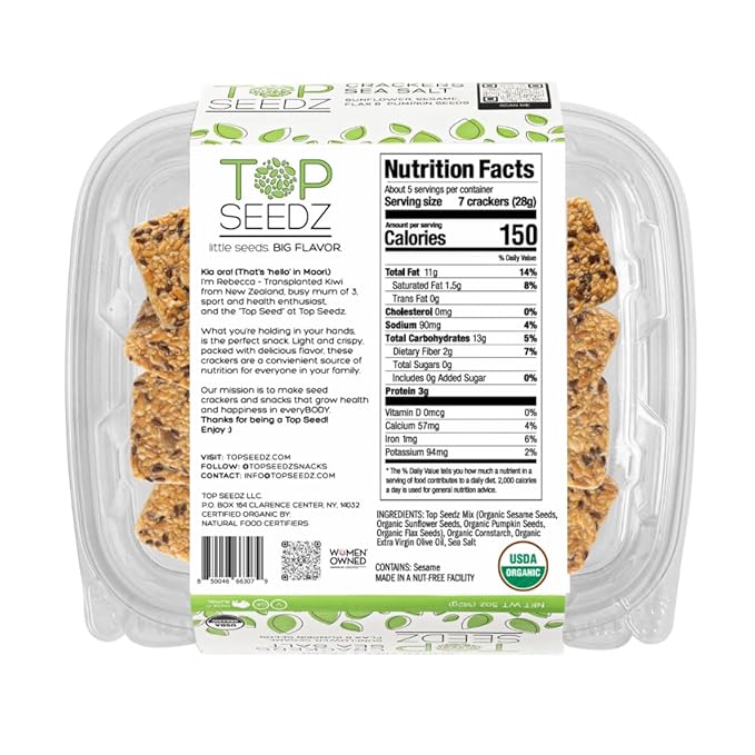 Top Seedz Certified Organic Gluten Free Sea Salt Seed Crackers | 2-Pack | 5 Ounces | Healthy Vegan Crackers with Plant Based Protein | Made of Sunflower, Flax, Sesame and Pumpkin Seed