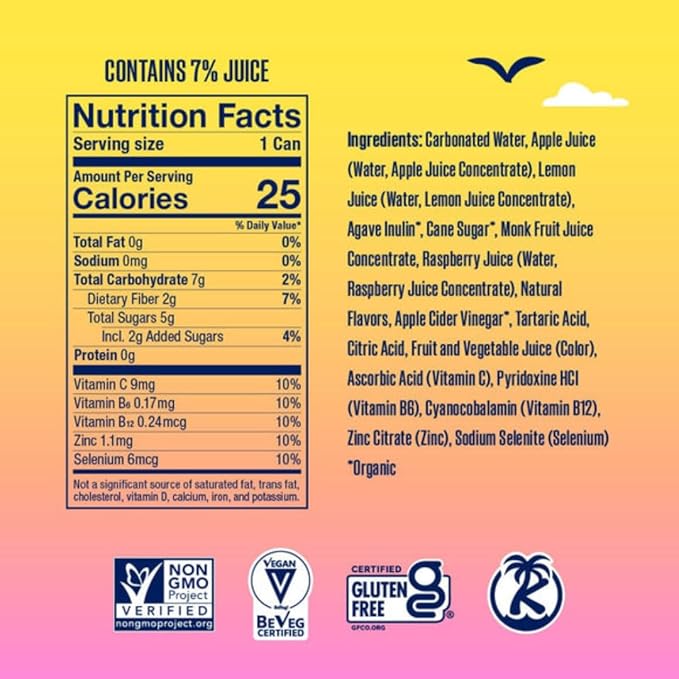 SunSip Prebiotic Soda With Benefits - Gut-Healthy Beverage with Vitamins and Minerals, 25 Calories, Soda Alternative, Naturally Sweetened with 5g of Sugar, 11.5 oz (12 Pack) Raspberry Lemonade