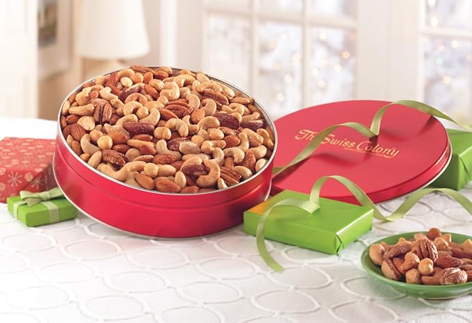 The Swiss Colony Premium Fancy Mixed Nuts in Gift Tin - Pecans, Almonds, Cashews, Brazil Nuts, Filberts (Hazelnuts), No Peanuts, Salted Treats Perfect for Snacking, 1 lb. 12 oz.